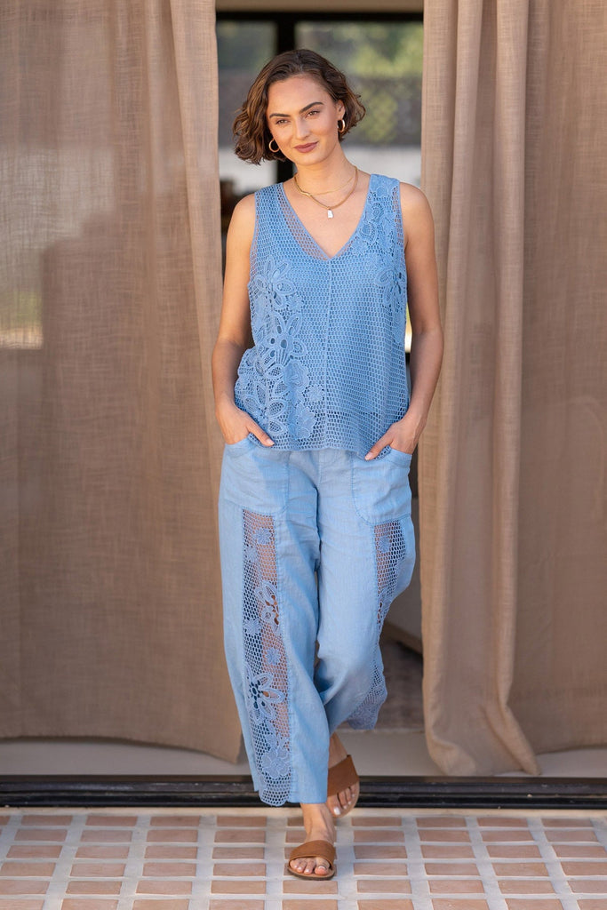 Rokel Linen/Crochet Ruched Wide Leg Pant
