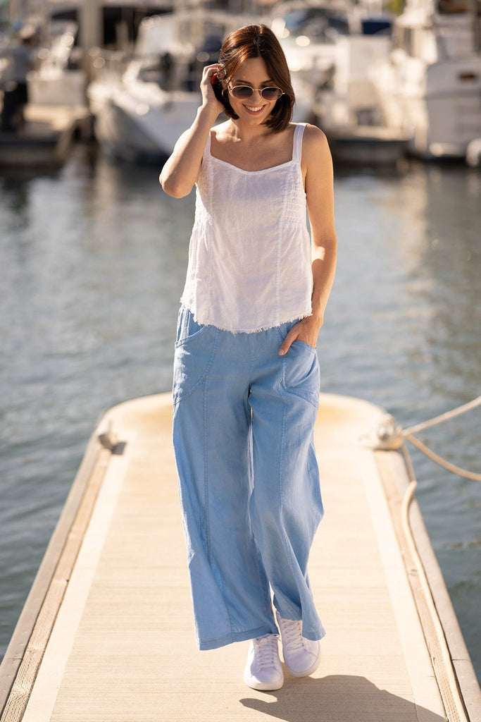 Pia Paper-Bag Waist Linen Wide Leg Pant