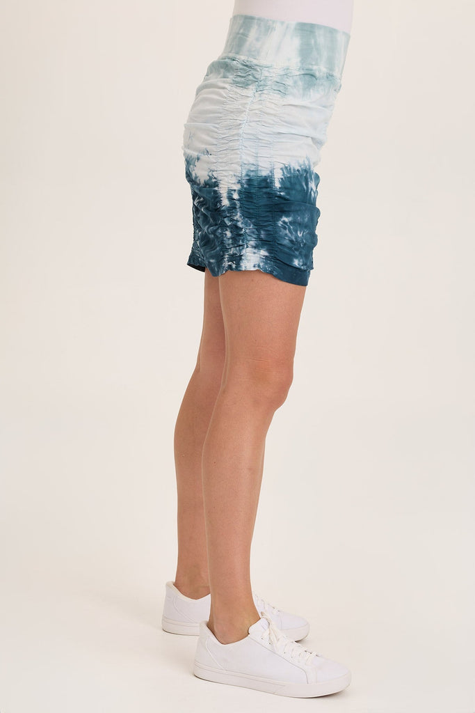 Trace Allover Ruched Pull-On Mini Skirt