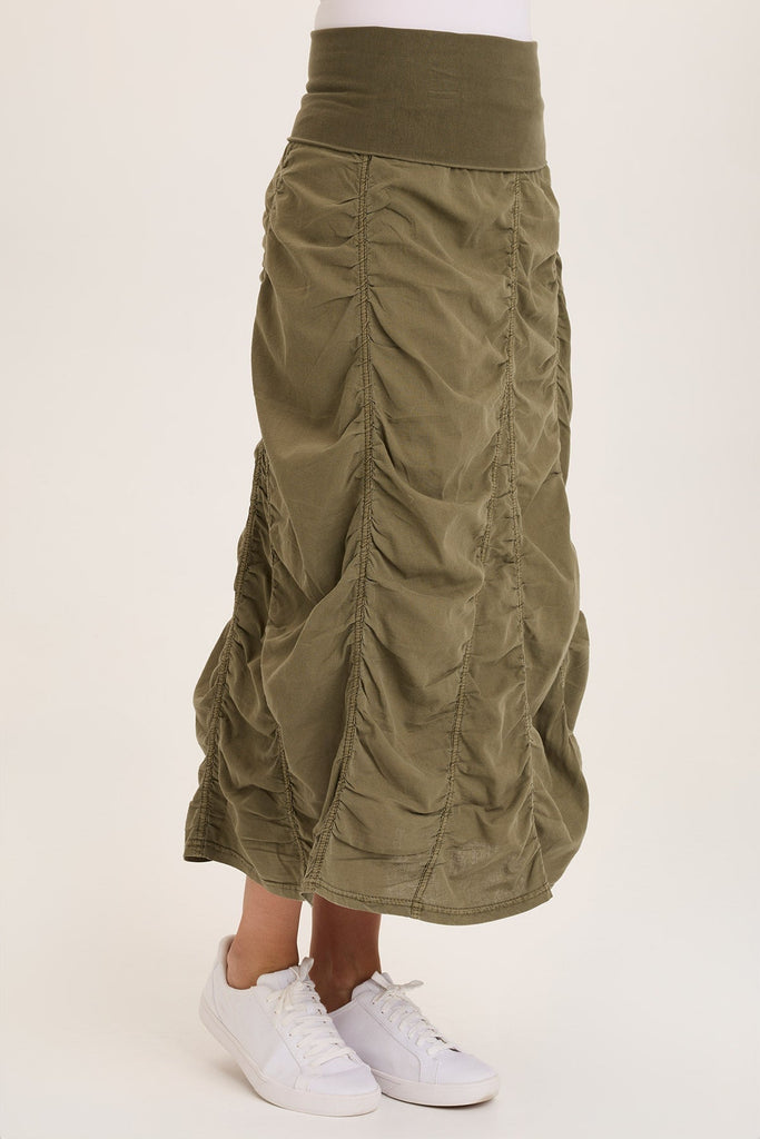 Linen Shirred Asymmetric Midi Skirt