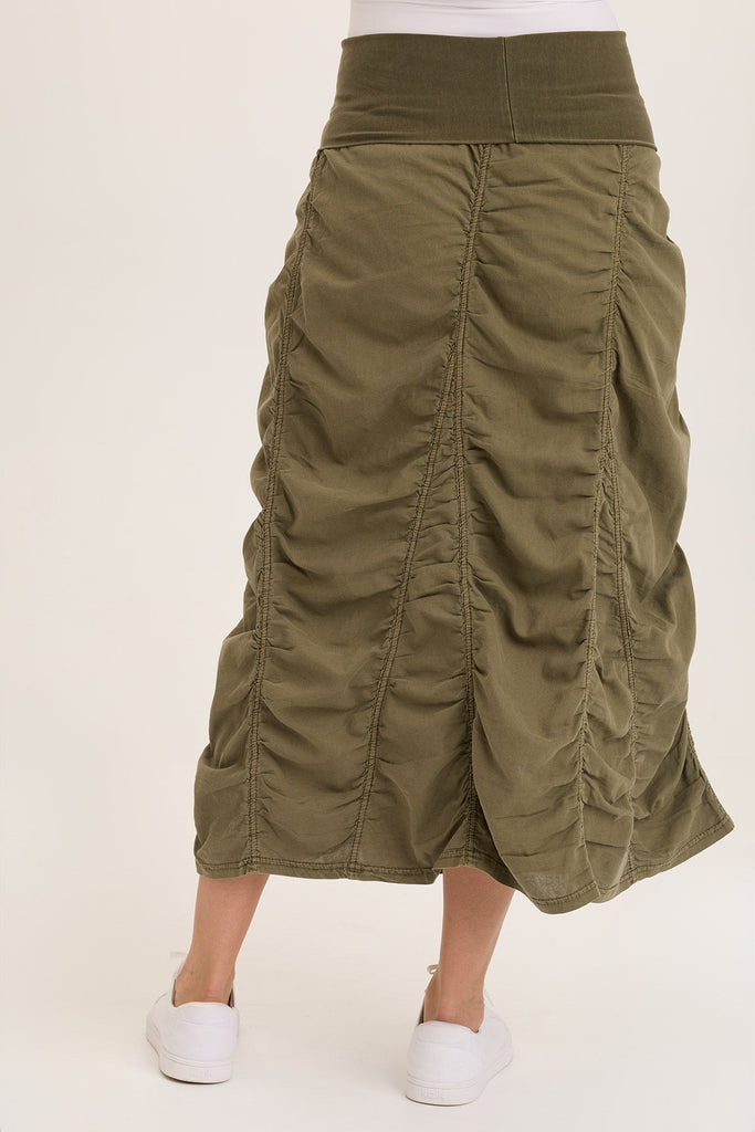 Linen Shirred Asymmetric Midi Skirt