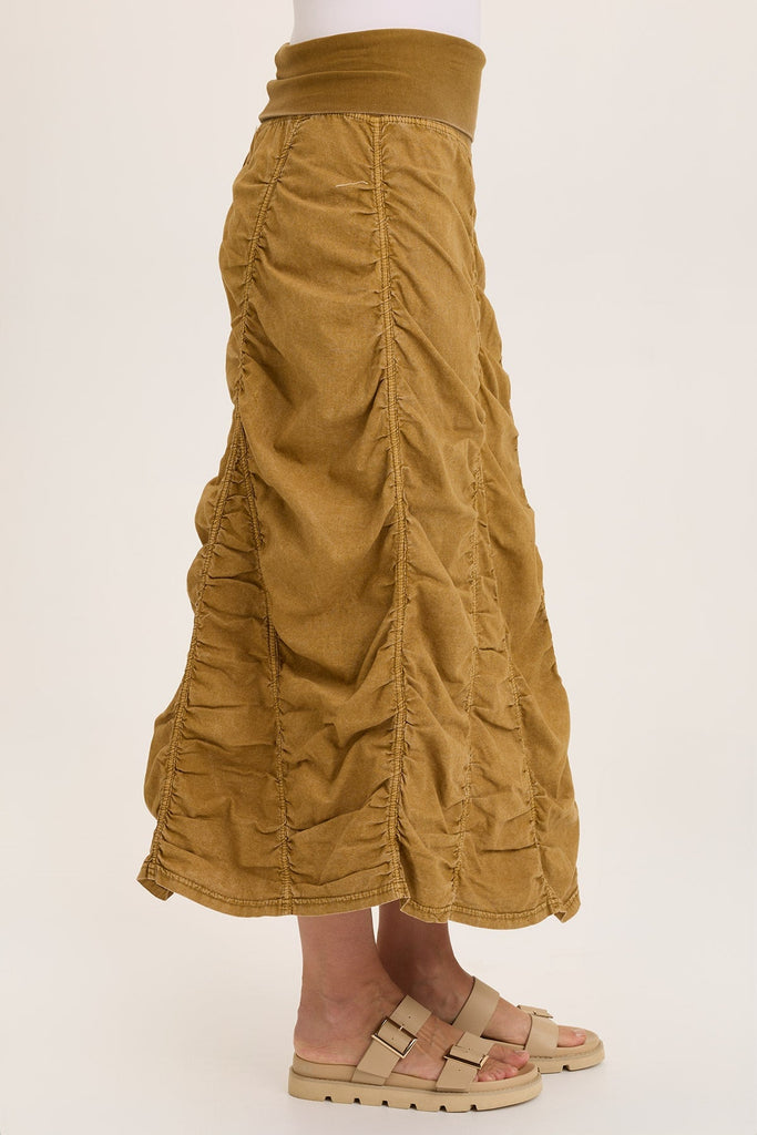 Linen Shirred Asymmetric Midi Skirt